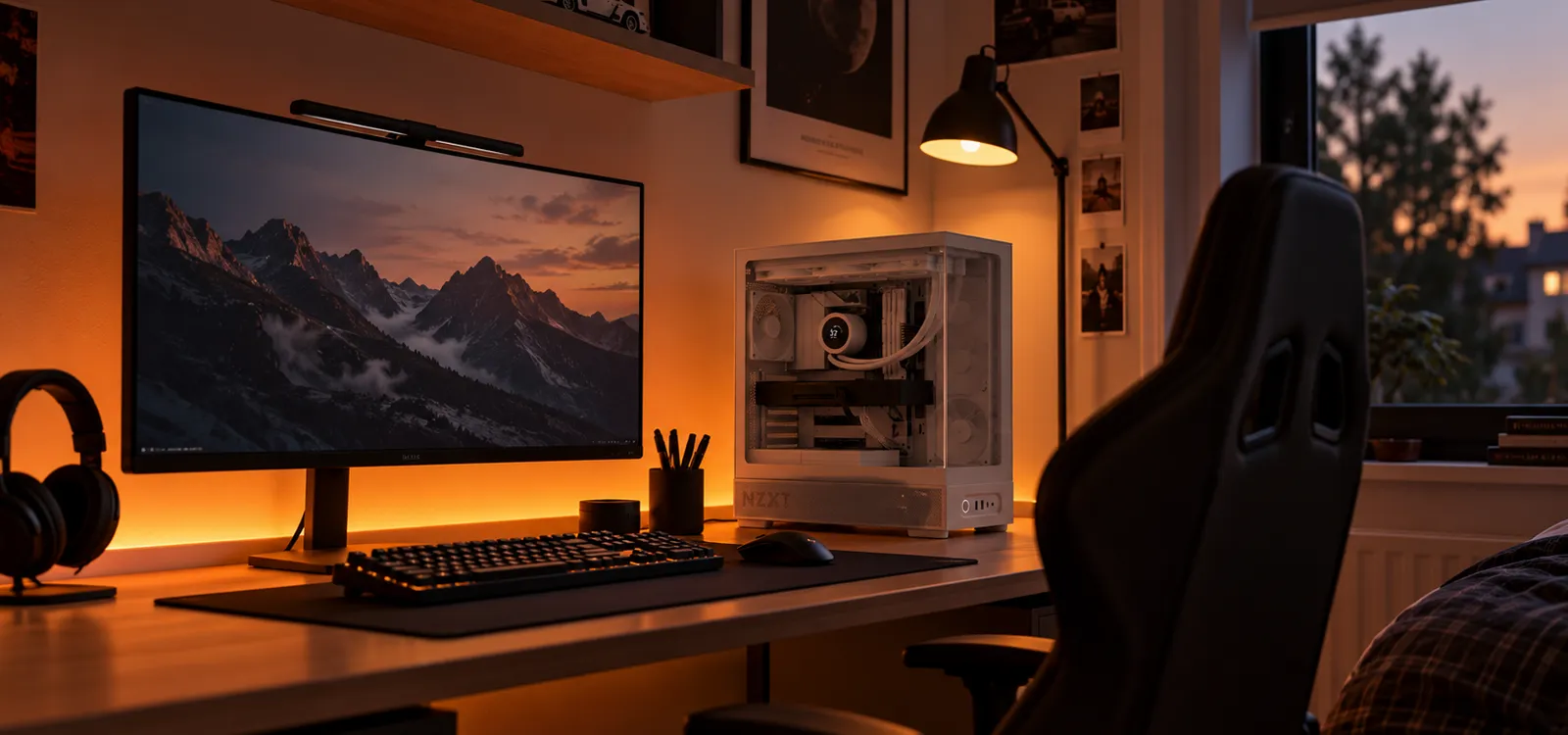 Gamingrum med belysning bakom skrivbord